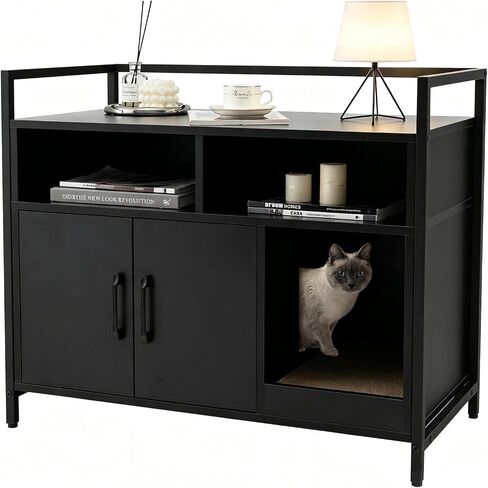 Giantex Cat Litter Box Enclosure - Cat Washroom Hidden Furniture with Front Entry, Cat Scratcher, 2-Door Storage Cabinet, 2 Compartments, Air Vents, Metal Frame, Wooden Pet Crate House (Black) in Kuwait