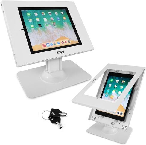 حامل أمان للكمبيوتر اللوحي مضاد للسرقة من Pyle - حامل كشك لجهاز Ipad على سطح المكتب مع قفل وآلية مفاتيح، يدور 90 درجة وإمالة 75 درجة - iPad وiPad Air وiPad Pro وSamsung Galaxy Tab A (2023) PSPADLK18، أبيض in Kuwait