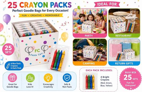 Bulk Crayon Packs for Kids, 100 Count – 25 Individually Wrapped Packs of 4 Non-Toxic Crayons for Party Favors, Restaurants, Classrooms & Goodie Bags in Kuwait