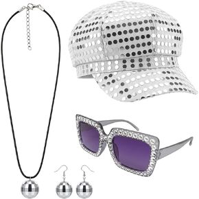 4 Pcs Women 70s Disco Accessory Set Silver Sequin Hat Earrings Necklace in Saudi Arabia