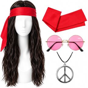 Bvrbaory Hippie Accessories for Men,4 Pcs Retro Hippie Costume Set with Hippie Wig,Sunglasses,Peace Necklace and Headband,60s 70s Disco Style,80s Retro Party,Halloween Fancy Dress in Kuwait