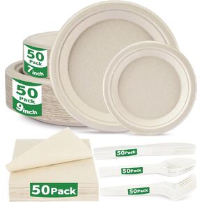 300 Pcs Compostable Dinnerware Set - Serves 50 Guests with Heavy Duty 9 & 7 Inch Plates, Napkins & Cutlery | Biodegradable Sugarcane Eco-Friendly Party Supplies for Birthday, Christmas, Holiday in Kuwait