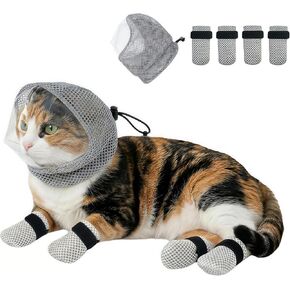 Cat Muzzle - Adjustable Anti-Bite Head Cover, Breathable Cat Grooming Helmet Mask with 4 Anti-Scratch Claw Covers for Nail Trimming, Injections & Bathing in Saudi Arabia