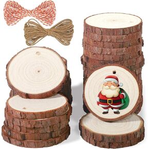 Natural Wood Slices - 30 Pcs 3.5-4 inches Craft Unfinished Wood kit Predrilled with Hole Wooden Circles for Arts Wood Slices Christmas Ornaments DIY Crafts in Kuwait