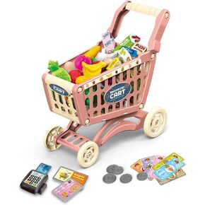 RedCrab Kids Shopping Cart Toy Supermarket 54pcs Playset Included Grocery Cart Toy,Credit Card Pretend Fruit Vegetables Shop Accessories for Boy Girl Kid (Pink) in Kuwait