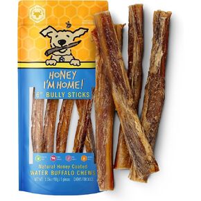 Honey I'm Home, Bully Sticks Buffalo Dog Chews, 6 Inches, 5 Pieces - All Natural, Free Range, Healthy, Grain Free, Honey Coated & Crispy in Kuwait