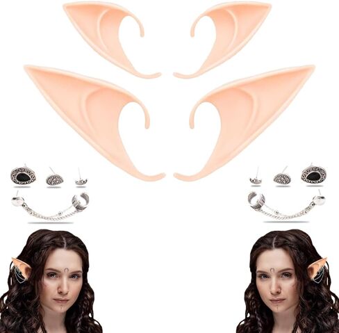 Elf Ears 2Pairs with Earrings, Halloween Fairy Pixie Soft Pointed Ear with Gold Hoop Pearl Earrings Chain Set in Saudi Arabia