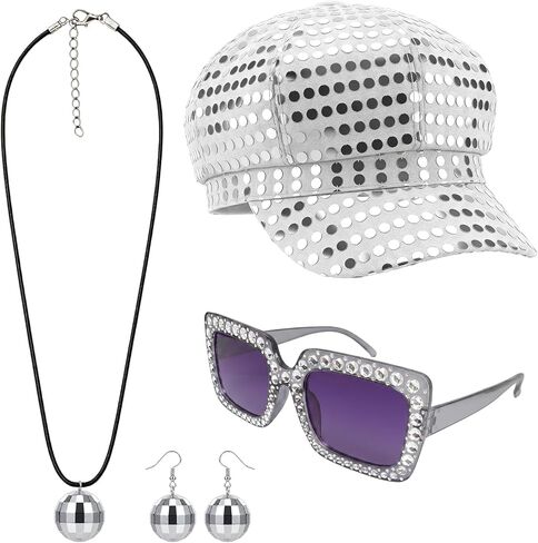 4 Pcs Women 70s Disco Accessory Set Silver Sequin Hat Earrings Necklace in Saudi Arabia