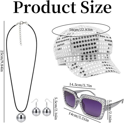 4 Pcs Women 70s Disco Accessory Set Silver Sequin Hat Earrings Necklace in Saudi Arabia