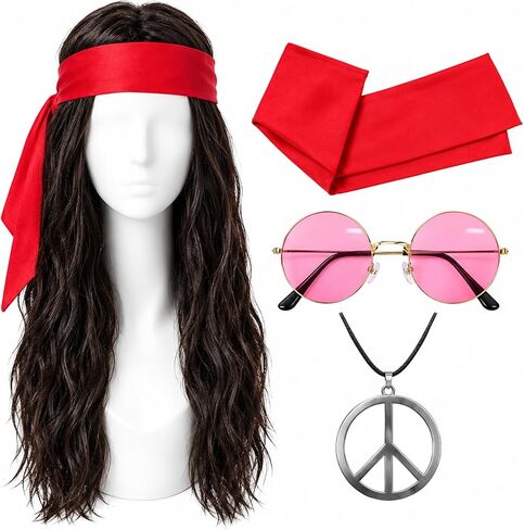 Bvrbaory Hippie Accessories for Men,4 Pcs Retro Hippie Costume Set with Hippie Wig,Sunglasses,Peace Necklace and Headband,60s 70s Disco Style,80s Retro Party,Halloween Fancy Dress in Kuwait