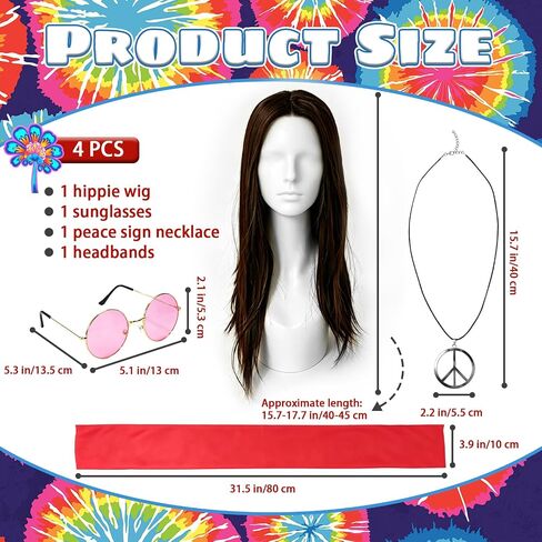Bvrbaory Hippie Accessories for Men,4 Pcs Retro Hippie Costume Set with Hippie Wig,Sunglasses,Peace Necklace and Headband,60s 70s Disco Style,80s Retro Party,Halloween Fancy Dress in Kuwait