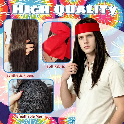 Bvrbaory Hippie Accessories for Men,4 Pcs Retro Hippie Costume Set with Hippie Wig,Sunglasses,Peace Necklace and Headband,60s 70s Disco Style,80s Retro Party,Halloween Fancy Dress in Kuwait