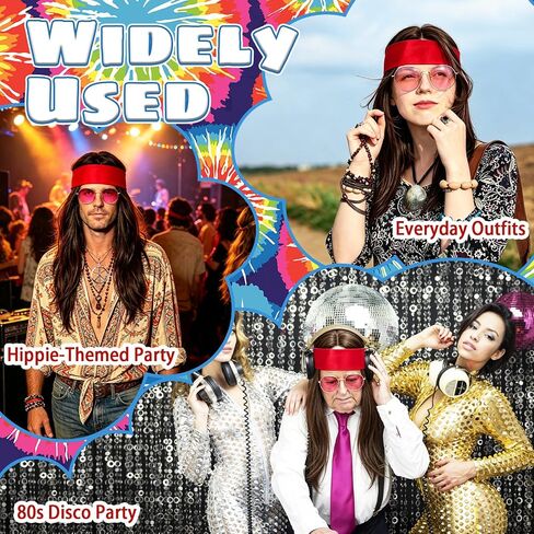 Bvrbaory Hippie Accessories for Men,4 Pcs Retro Hippie Costume Set with Hippie Wig,Sunglasses,Peace Necklace and Headband,60s 70s Disco Style,80s Retro Party,Halloween Fancy Dress in Kuwait