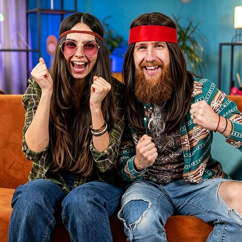 Bvrbaory Hippie Accessories for Men,4 Pcs Retro Hippie Costume Set with Hippie Wig,Sunglasses,Peace Necklace and Headband,60s 70s Disco Style,80s Retro Party,Halloween Fancy Dress in Kuwait