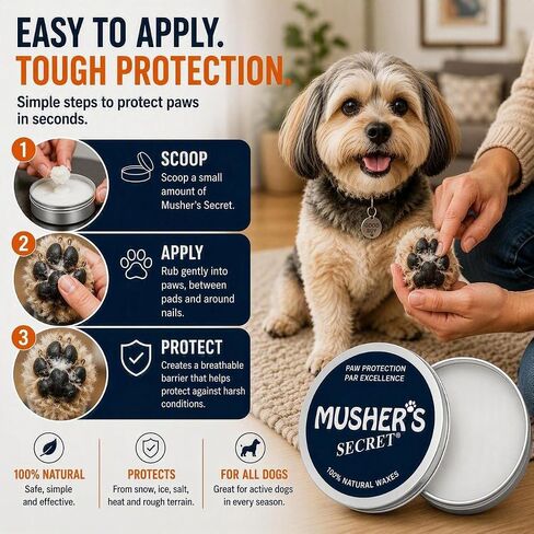Musher's Secret Dog Paw Wax 60 g (2.1 oz) - Moisturizing Dog Paw Balm that Creates an Invisible Barrier That Protects and Heals Dry Cracked Paws - All-Natural with Vitamin E and Food-Grade Ingredients in Kuwait