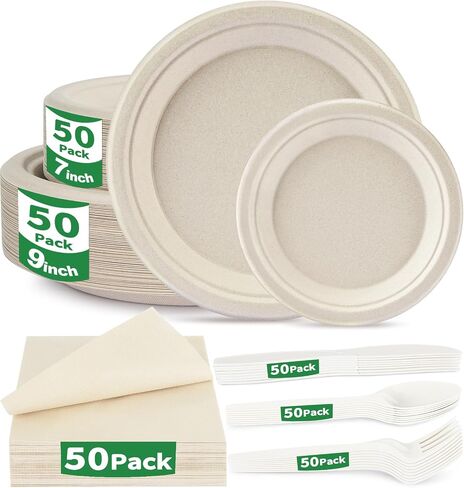 300 Pcs Compostable Dinnerware Set - Serves 50 Guests with Heavy Duty 9 & 7 Inch Plates, Napkins & Cutlery | Biodegradable Sugarcane Eco-Friendly Party Supplies for Birthday, Christmas, Holiday in Kuwait