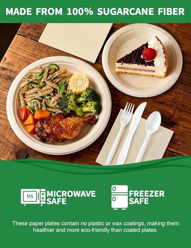 300 Pcs Compostable Dinnerware Set - Serves 50 Guests with Heavy Duty 9 & 7 Inch Plates, Napkins & Cutlery | Biodegradable Sugarcane Eco-Friendly Party Supplies for Birthday, Christmas, Holiday in Kuwait