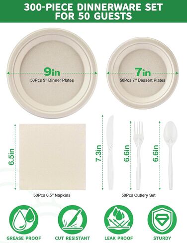 300 Pcs Compostable Dinnerware Set - Serves 50 Guests with Heavy Duty 9 & 7 Inch Plates, Napkins & Cutlery | Biodegradable Sugarcane Eco-Friendly Party Supplies for Birthday, Christmas, Holiday in Kuwait