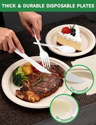300 Pcs Compostable Dinnerware Set - Serves 50 Guests with Heavy Duty 9 & 7 Inch Plates, Napkins & Cutlery | Biodegradable Sugarcane Eco-Friendly Party Supplies for Birthday, Christmas, Holiday in Kuwait