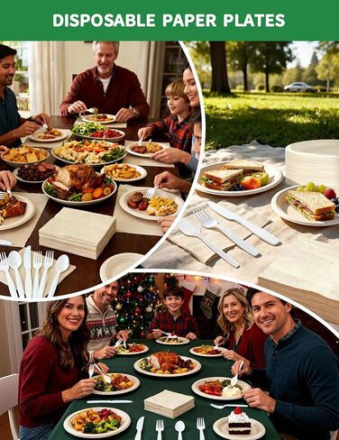 300 Pcs Compostable Dinnerware Set - Serves 50 Guests with Heavy Duty 9 & 7 Inch Plates, Napkins & Cutlery | Biodegradable Sugarcane Eco-Friendly Party Supplies for Birthday, Christmas, Holiday in Kuwait