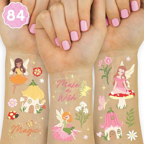 xo, Fetti 84pc Woodland Fairy Temporary Tattoos - Foil Styles | Magical Princess Birthday Supplies, Forest Baby Shower Decorations, Girls Garden Accessory in Kuwait