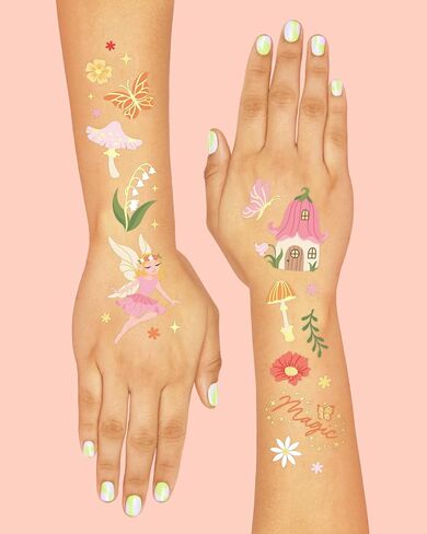 xo, Fetti 84pc Woodland Fairy Temporary Tattoos - Foil Styles | Magical Princess Birthday Supplies, Forest Baby Shower Decorations, Girls Garden Accessory in Kuwait