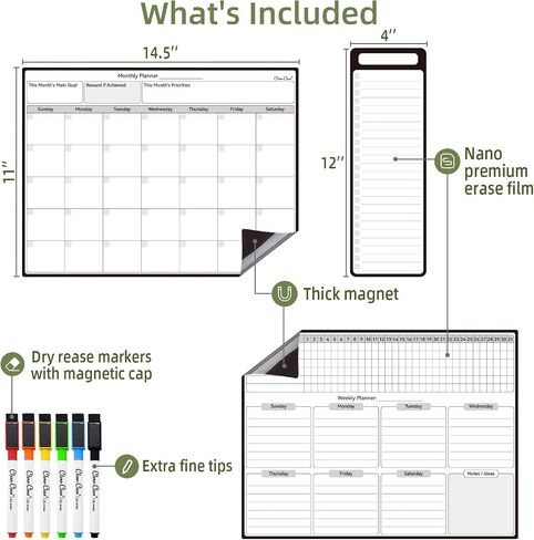 Magnetic Dry Erase Weekly Calendar - 10"x12" Weekly Dry Erase Calendar for Fridge - 6 Extra Fine Point Markers Included - Shipped Flat in Kuwait