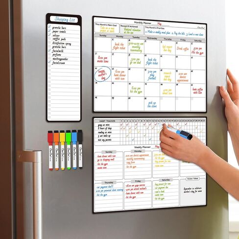 Magnetic Dry Erase Weekly Calendar - 10"x12" Weekly Dry Erase Calendar for Fridge - 6 Extra Fine Point Markers Included - Shipped Flat in Kuwait