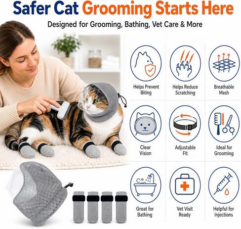 Cat Muzzle - Adjustable Anti-Bite Head Cover, Breathable Cat Grooming Helmet Mask with 4 Anti-Scratch Claw Covers for Nail Trimming, Injections & Bathing in Saudi Arabia