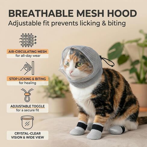 Cat Muzzle - Adjustable Anti-Bite Head Cover, Breathable Cat Grooming Helmet Mask with 4 Anti-Scratch Claw Covers for Nail Trimming, Injections & Bathing in Saudi Arabia