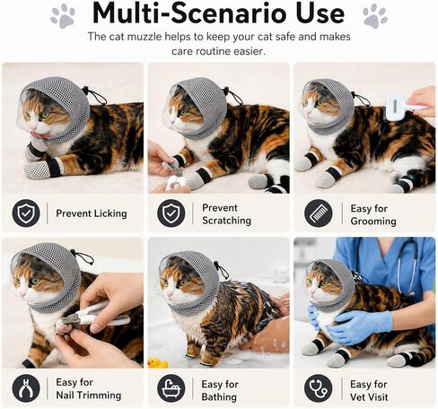 Cat Muzzle - Adjustable Anti-Bite Head Cover, Breathable Cat Grooming Helmet Mask with 4 Anti-Scratch Claw Covers for Nail Trimming, Injections & Bathing in Saudi Arabia