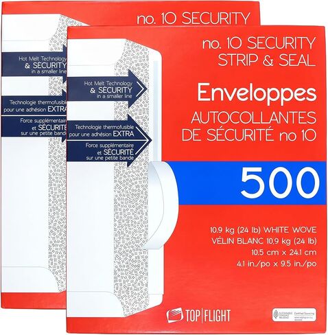 Top Flight PSTF10NWT #10 Envelopes, Strip & Seal, Security Tinted, White Paper, 24 lb, 500 Count in Kuwait
