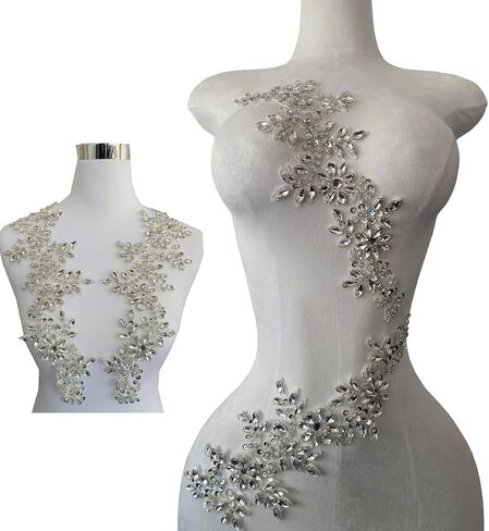 2 Pcs Hand-Made Beaded Rhinestons DIY Clothing Lace Flowers Pair Appliques Patch Beaded Applique for Wedding Dress Decoration (Silver) in Saudi Arabia