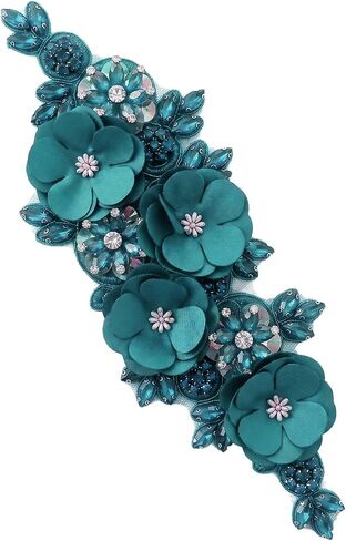 Handmade 3D Flower Embroidery Applique Rhinestone Lace Patch, Hunter Green in Saudi Arabia