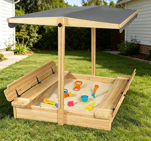 Wooden Sandbox with Cover Lid Adjustable Canopy Large Sand Pit Natural in Kuwait