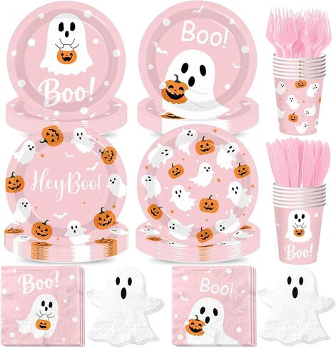 Halloween Paper Plates and Napkins, 144Pcs Pink Ghost Plates and Napkins Cute Boo Ghost Tableware Set for Halloween Birthday Party Decorations Boo Baby Shower Party Supplies in Kuwait