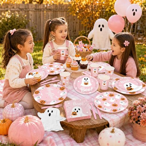 Halloween Paper Plates and Napkins, 144Pcs Pink Ghost Plates and Napkins Cute Boo Ghost Tableware Set for Halloween Birthday Party Decorations Boo Baby Shower Party Supplies in Kuwait
