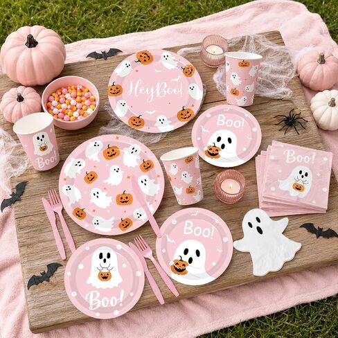 Halloween Paper Plates and Napkins, 144Pcs Pink Ghost Plates and Napkins Cute Boo Ghost Tableware Set for Halloween Birthday Party Decorations Boo Baby Shower Party Supplies in Kuwait