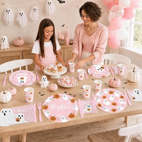 Halloween Paper Plates and Napkins, 144Pcs Pink Ghost Plates and Napkins Cute Boo Ghost Tableware Set for Halloween Birthday Party Decorations Boo Baby Shower Party Supplies in Kuwait