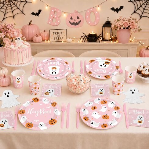 Halloween Paper Plates and Napkins, 144Pcs Pink Ghost Plates and Napkins Cute Boo Ghost Tableware Set for Halloween Birthday Party Decorations Boo Baby Shower Party Supplies in Kuwait