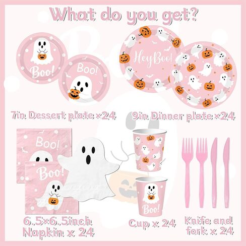 Halloween Paper Plates and Napkins, 144Pcs Pink Ghost Plates and Napkins Cute Boo Ghost Tableware Set for Halloween Birthday Party Decorations Boo Baby Shower Party Supplies in Kuwait