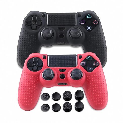 Silicone Covers Compatible with PS4 Controller - 2 Pack Anti-slip Protector Controller Case Skins - with 4 Pairs Thumb Grips - Black & Red in Kuwait