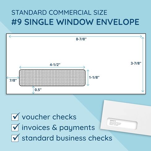 500#9 Single Window Security Envelopes, Thick Gummed Seal, Designed for Secure Mailing of Payroll Checks, QuickBooks Invoices, Return Mail, and Business Statements - 3 7/8 x 8 7/8 in Kuwait