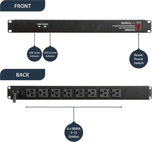 StarTech.com 2 Post 9U 19" Wall Mount Network Cabinet & 8 Outlet Horizontal 1U Rack Mount PDU Power Strip for Network Server Racks - Surge Protection - 120V/15A - w/ 6ft Power Cord (RKPW081915) in Kuwait