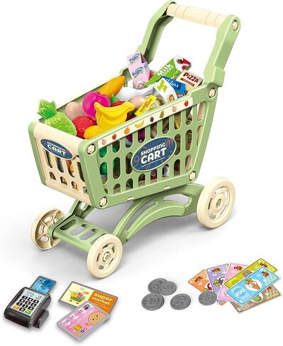 RedCrab Kids Shopping Cart Toy Supermarket 54pcs Playset Included Grocery Cart Toy,Credit Card Pretend Fruit Vegetables Shop Accessories for Boy Girl Kid (Green) in Kuwait