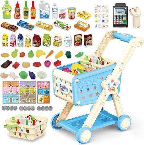 RedCrab Kids Shopping Cart,75PCS Toy Shopping Cart Playset with Food Shop Accessories, Adjustable Shopping Cart Arm,Shopping Basket Grocery Store Games for Ages 3 4 5 67 8+ (Blue) in Kuwait