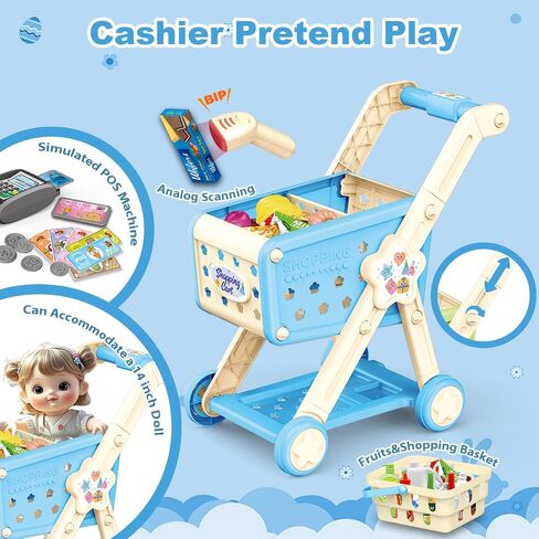 RedCrab Kids Shopping Cart,75PCS Toy Shopping Cart Playset with Food Shop Accessories, Adjustable Shopping Cart Arm,Shopping Basket Grocery Store Games for Ages 3 4 5 67 8+ (Blue) in Kuwait