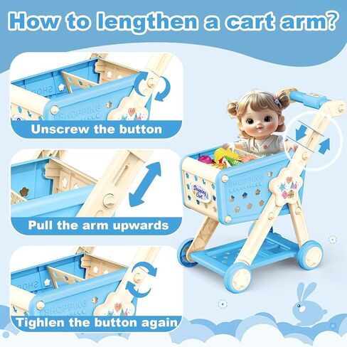 RedCrab Kids Shopping Cart,75PCS Toy Shopping Cart Playset with Food Shop Accessories, Adjustable Shopping Cart Arm,Shopping Basket Grocery Store Games for Ages 3 4 5 67 8+ (Blue) in Kuwait