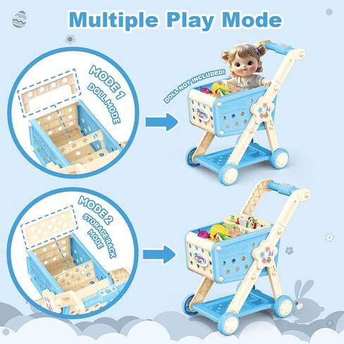 RedCrab Kids Shopping Cart,75PCS Toy Shopping Cart Playset with Food Shop Accessories, Adjustable Shopping Cart Arm,Shopping Basket Grocery Store Games for Ages 3 4 5 67 8+ (Blue) in Kuwait