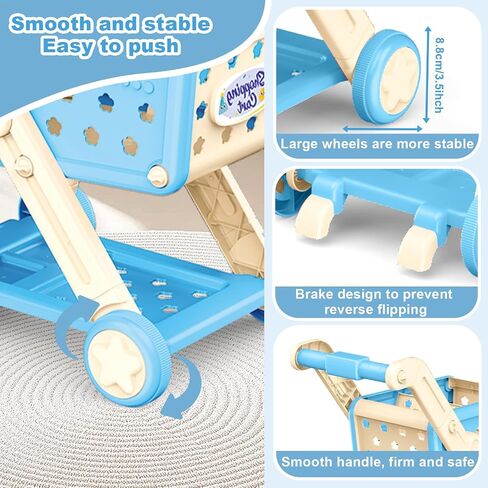 RedCrab Kids Shopping Cart,75PCS Toy Shopping Cart Playset with Food Shop Accessories, Adjustable Shopping Cart Arm,Shopping Basket Grocery Store Games for Ages 3 4 5 67 8+ (Blue) in Kuwait